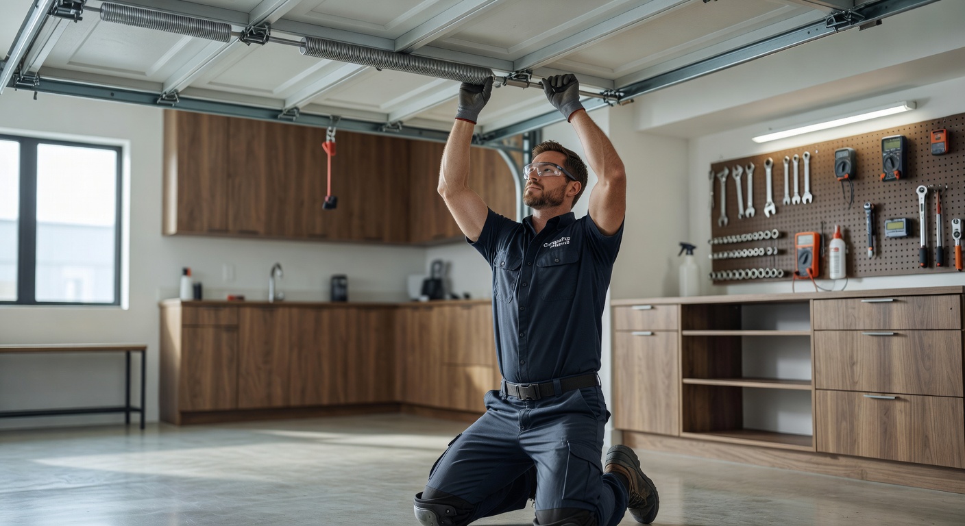 Ultra-realistic 8K image of a technician performing annual garage door maintenance and tune-up in a clean organized garage, tools neatly arranged