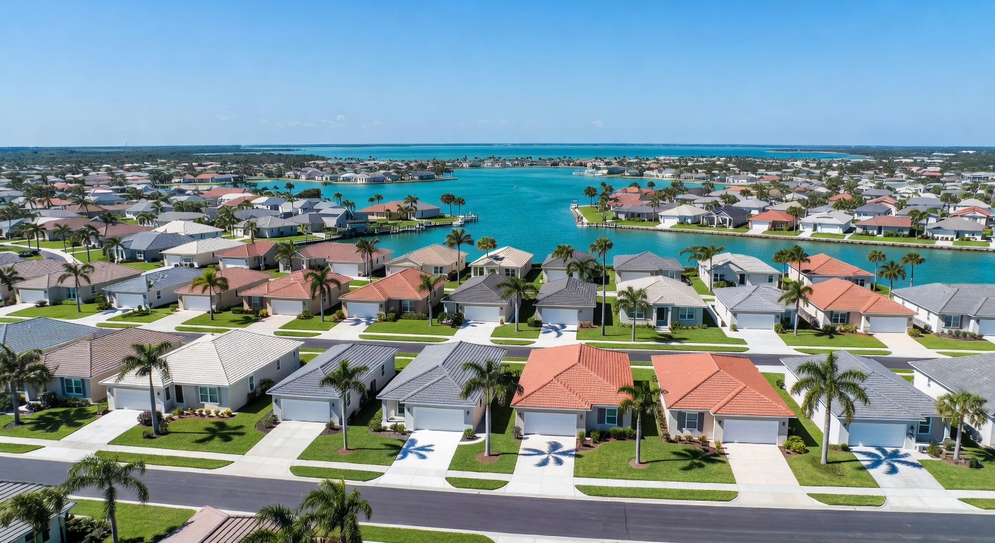 Aerial view of coastal Cape Coral neighborhood with many homes featuring white garage doors, bright turquoise water in background, sunny Florida day, 8K resolution