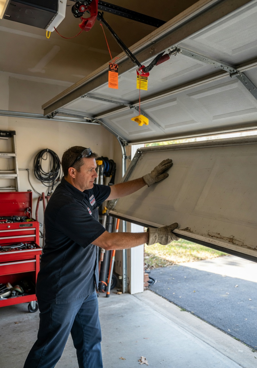 Technician testing garage door balance by hand, showing proper safety technique, realistic action shot with natural lighting, 8K ultra detailed