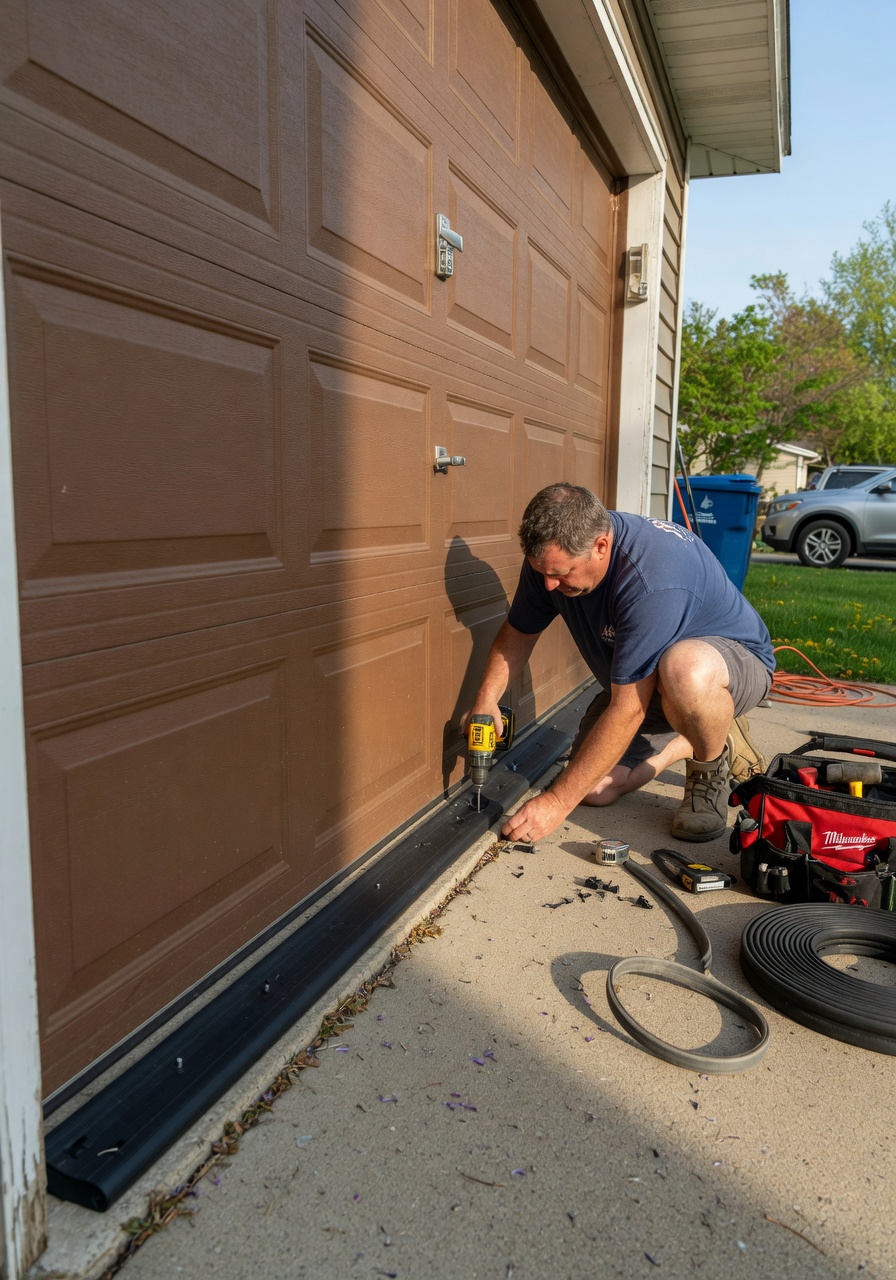 8K realistic image of a homeowner installing new black garage door weather stripping on the bottom of a brown garage door using basic tools, spring afternoon lighting