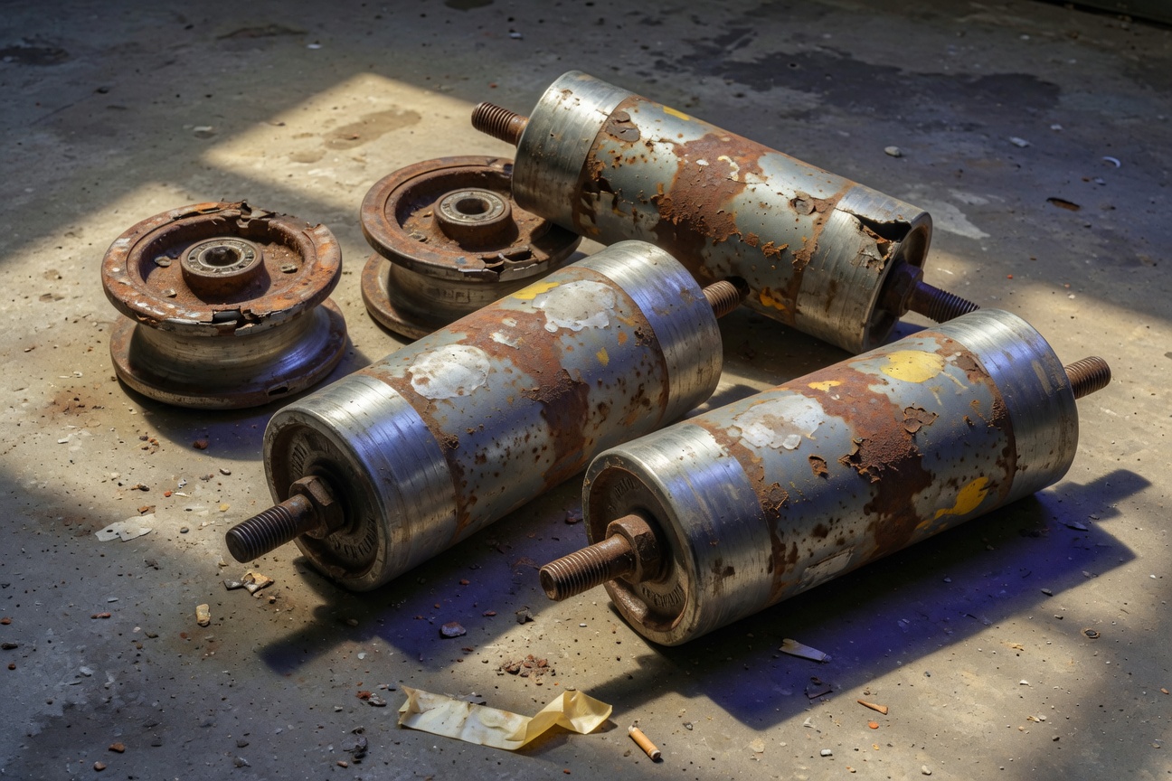 Ultra-realistic 8K photograph of worn out steel garage door rollers with flat spots and rust, lying on concrete floor, natural daylight
