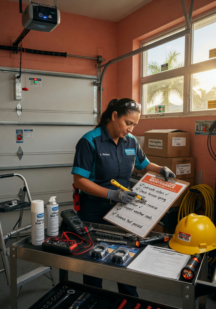 Technician performing comprehensive garage door maintenance checklist in a Fort Myers garage, professional uniform, detailed tools, natural window lighting, photorealistic