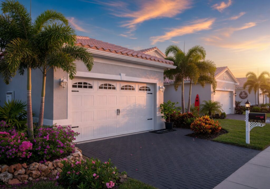 Ultra-realistic 8K photo of a modern residential garage with a brand new white carriage-style garage door in a beautiful Cape Coral, Florida neighborhood at golden hour, lush landscaping, blue sky, highly detailed, photorealistic