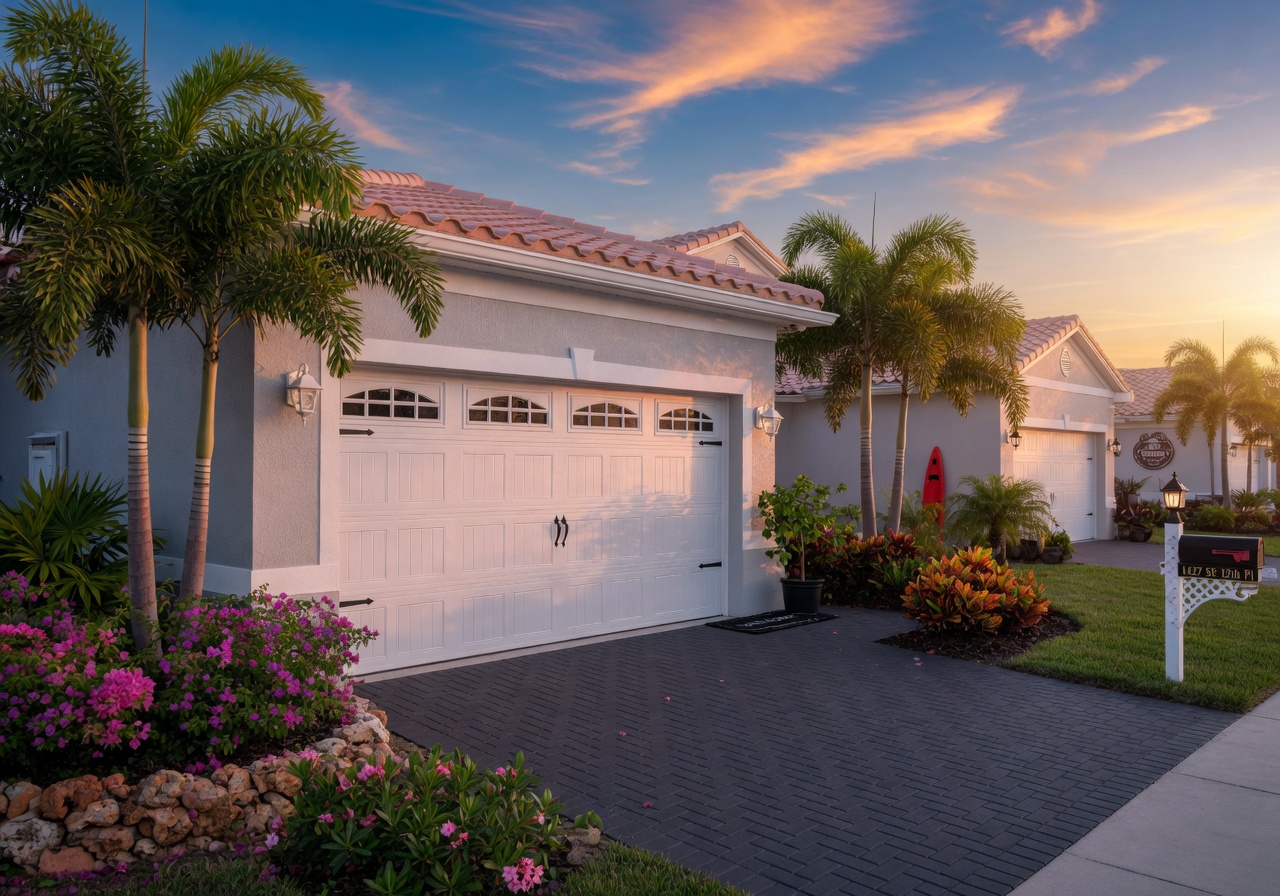Ultra-realistic 8K photo of a modern residential garage with a brand new white carriage-style garage door in a beautiful Cape Coral, Florida neighborhood at golden hour, lush landscaping, blue sky, highly detailed, photorealistic