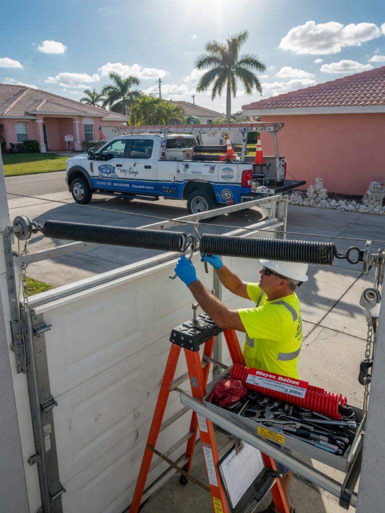Ultra-realistic 8K photo of a technician safely replacing a torsion spring on a white garage door in a Cape Coral residential neighborhood, bright Florida sunlight, detailed tools visible, professional service truck in background