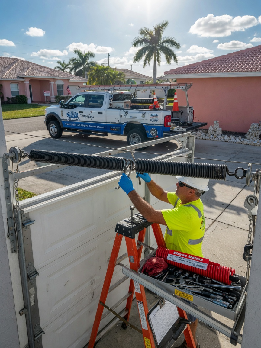 Ultra-realistic 8K photo of a technician safely replacing a torsion spring on a white garage door in a Cape Coral residential neighborhood, bright Florida sunlight, detailed tools visible, professional service truck in background