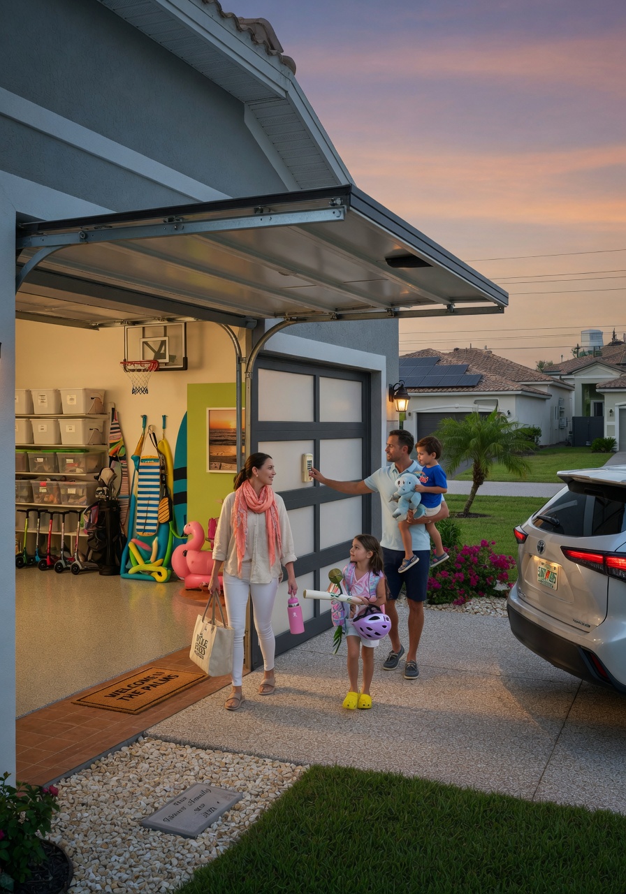Family with children safely entering their home through an open modern garage with new door, warm lighting, realistic suburban Southwest Florida lifestyle scene