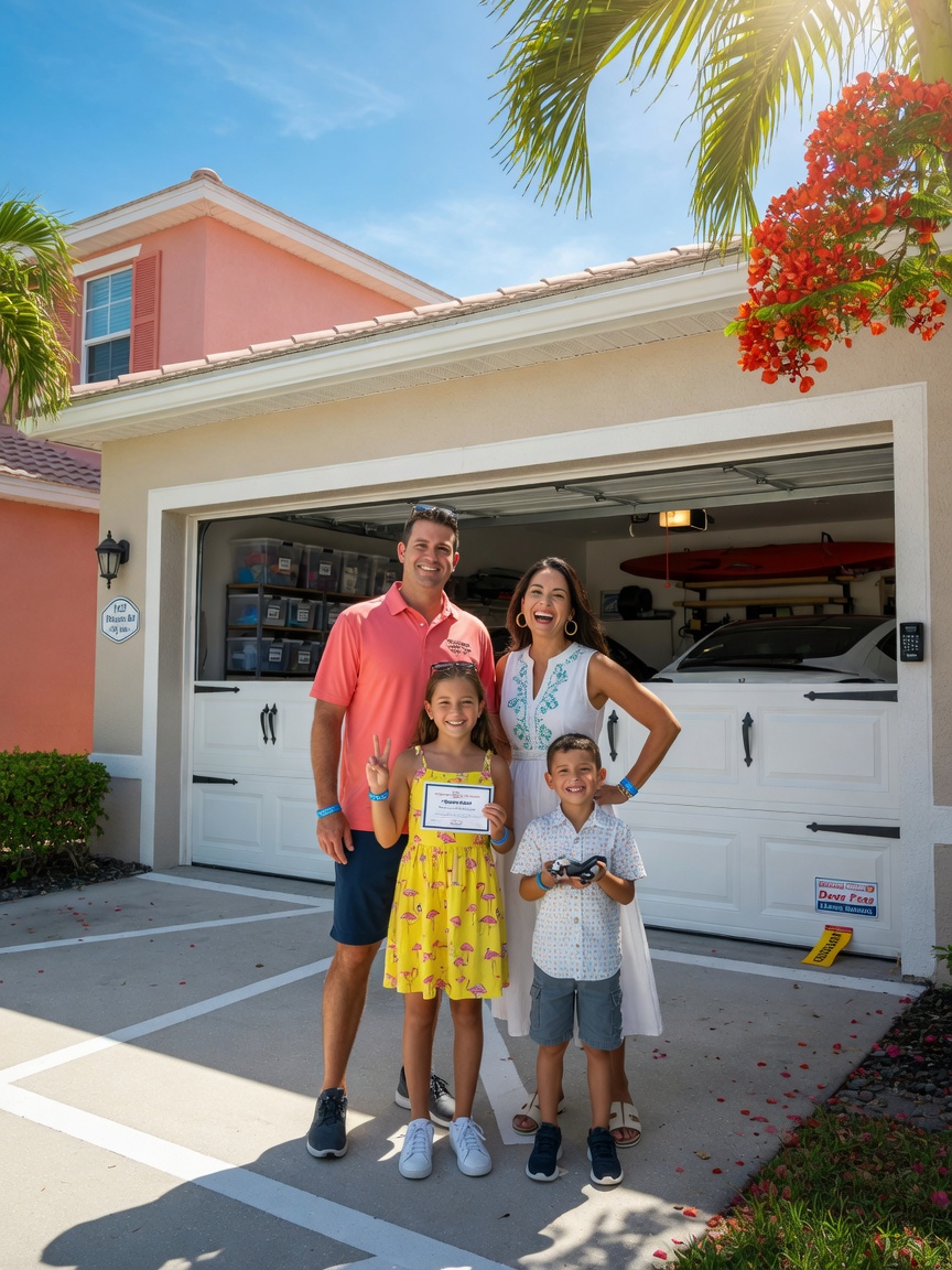 Ultra-realistic 8K photograph of a happy Cape Coral family standing safely in front of their newly serviced garage door on a sunny day