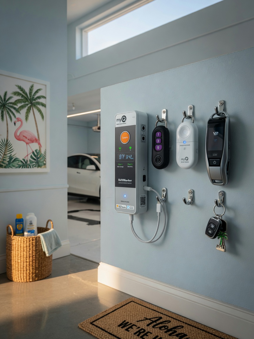 Ultra-realistic 8K photo of a modern smart garage door opener control panel with multiple remotes, wall-mounted in a luxury Florida home, clean and organized