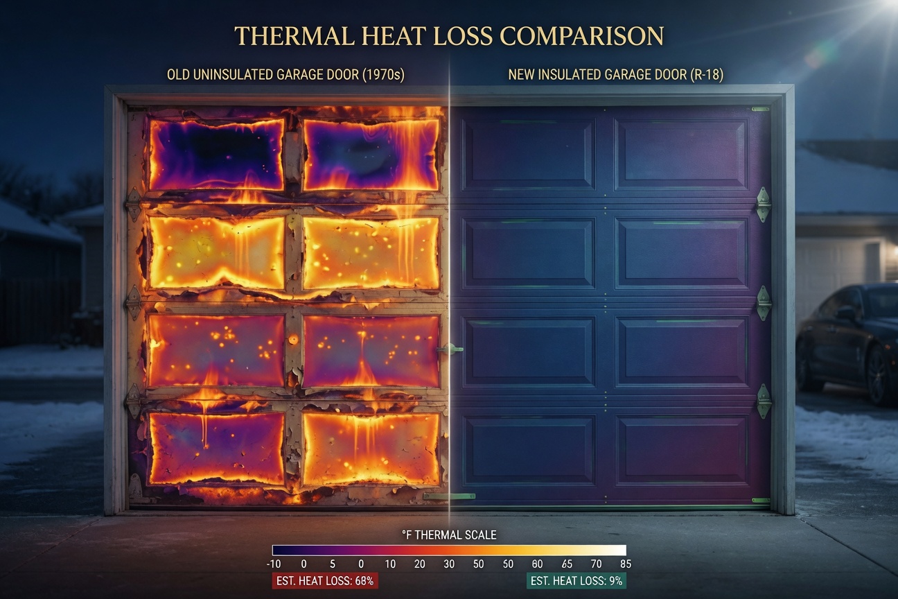 Energy efficiency comparison graphic style but photorealistic: thermal imaging showing heat loss through old garage door vs new insulated door, scientific visualization