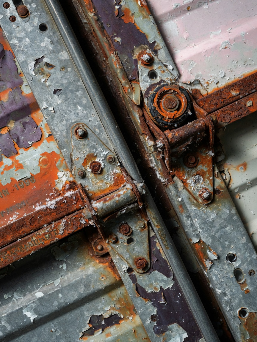 Close-up 8K image of corroded metal garage door components affected by Cape Coral salt air, showing rust patterns and material degradation