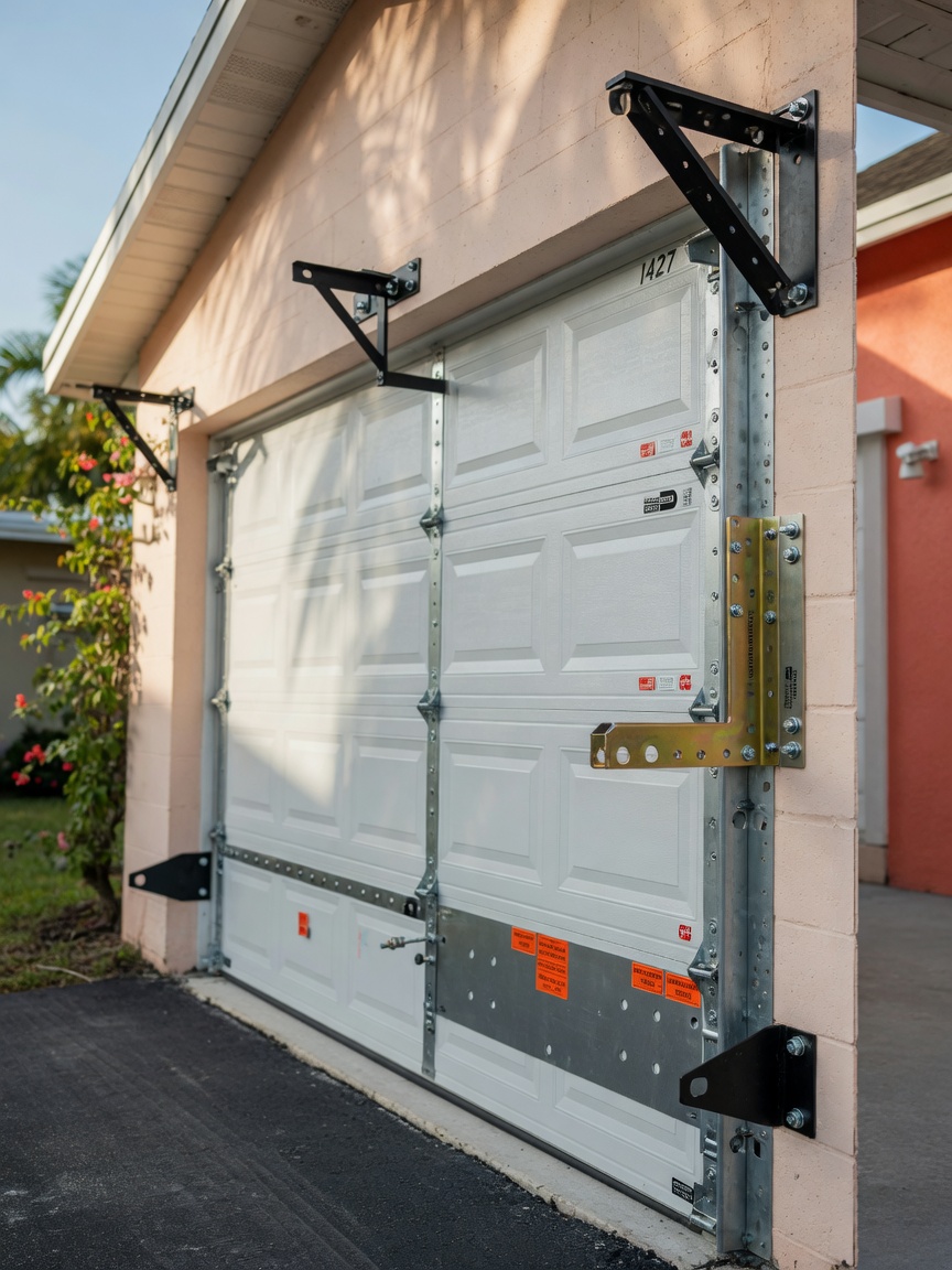 Detailed 8K image of a garage door reinforced with hurricane brackets and hardware, showing metal reinforcement plates, professional installation, Florida home exterior