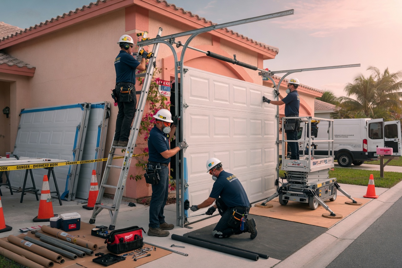 Professional installation team carefully installing a new sectional garage door on a Fort Myers home, construction scene, safety equipment visible, realistic action shot