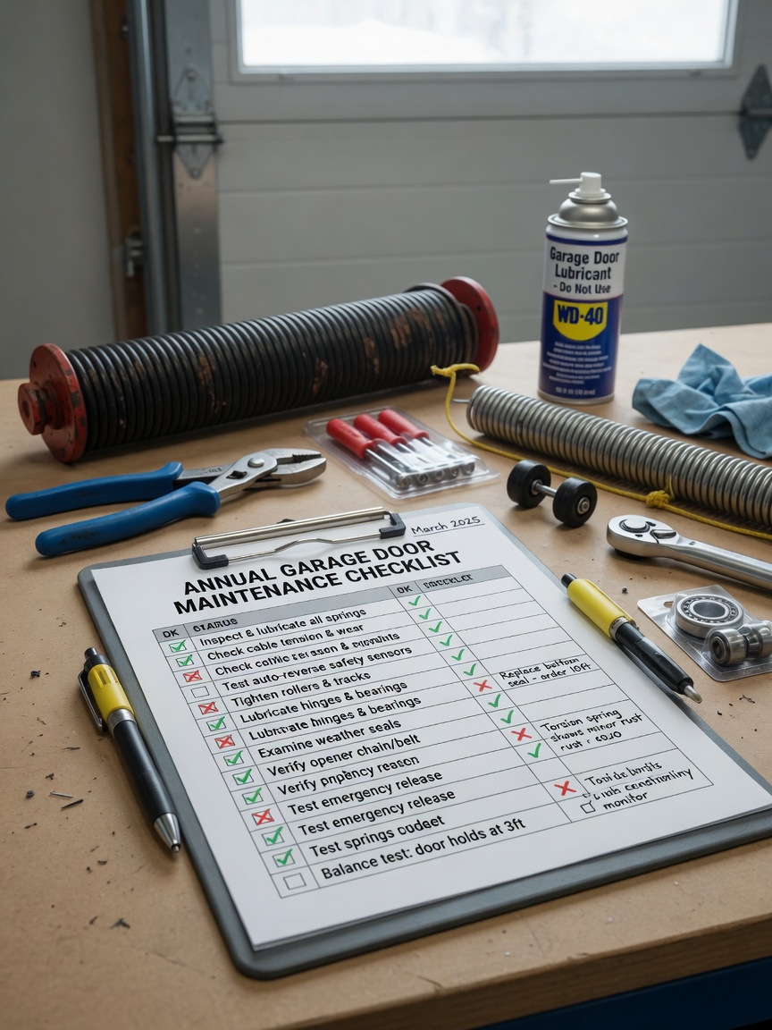 Professional 8K photo of annual garage door maintenance checklist on a clipboard with tools and springs in background, clean organized composition