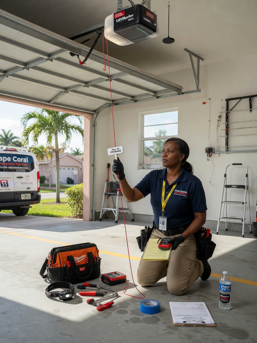 Ultra-realistic 8K photograph of a technician testing a garage door opener's manual release system during a service call in Cape Coral, tools visible