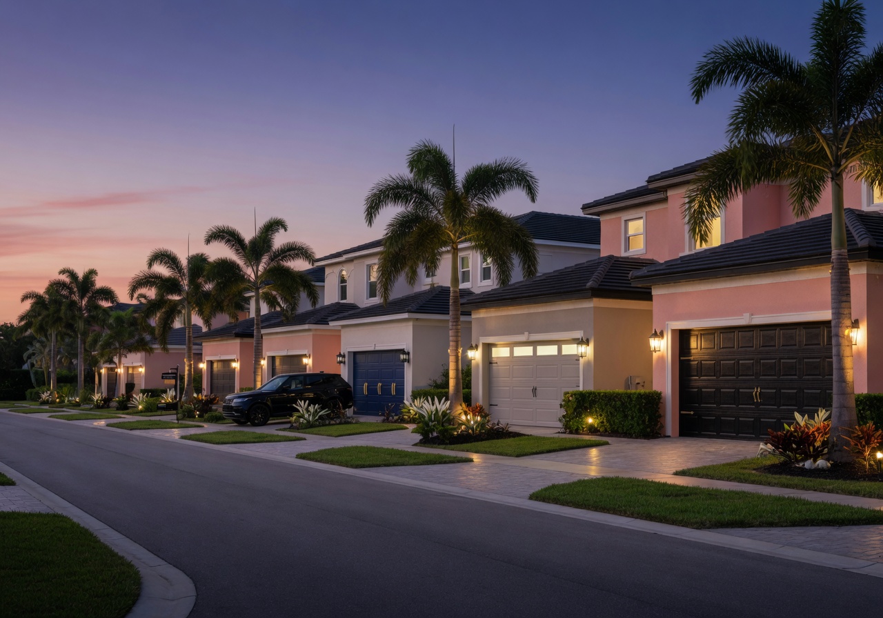 Quiet luxury residential street in Cape Coral at dusk with several homes featuring new elegant garage doors, palm trees, beautiful evening lighting, cinematic composition