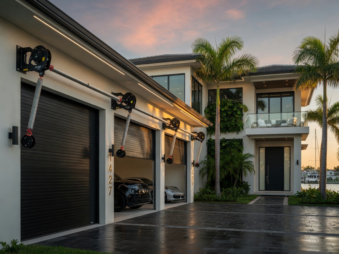 Ultra-realistic 8K image of a modern Cape Coral luxury home with oversized three-car garage featuring high-performance torsion springs, architectural photography