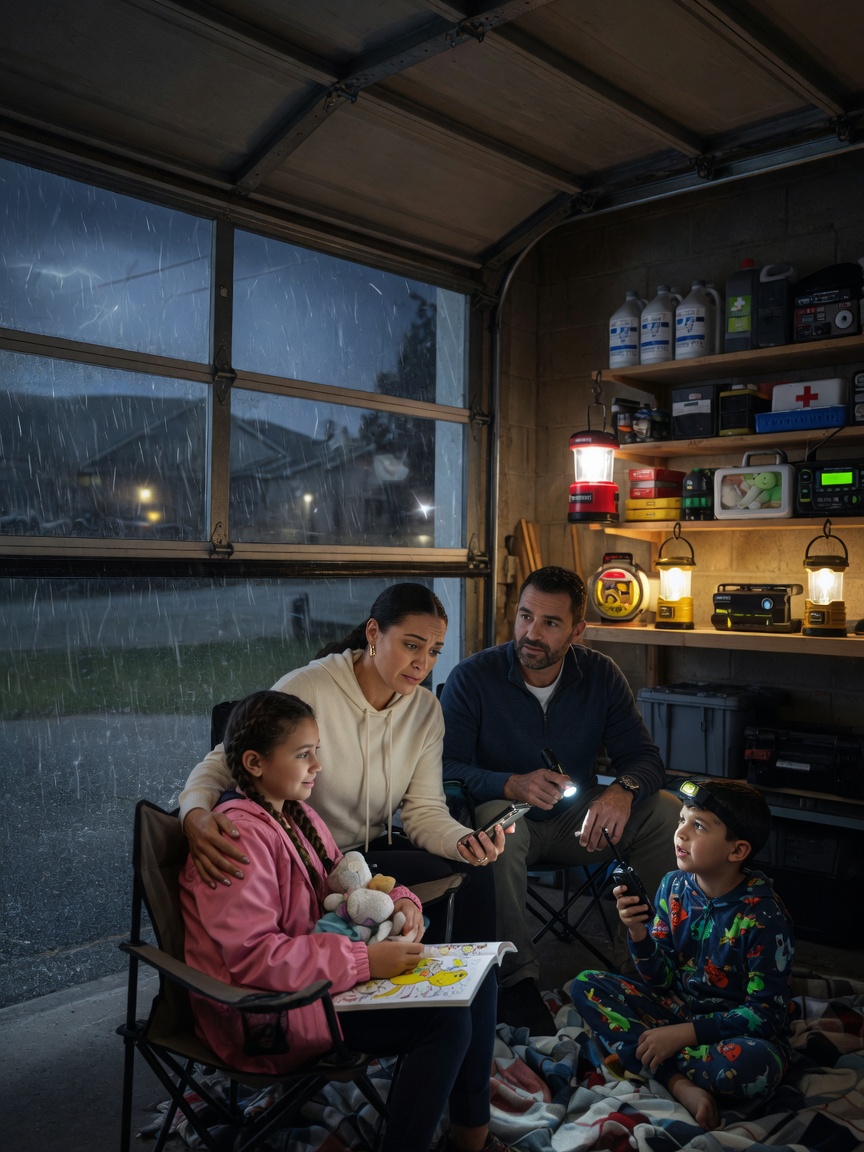 Atmospheric 8K image showing a family safely inside their garage during a storm, garage door securely closed, emergency lighting, concerned but prepared expressions