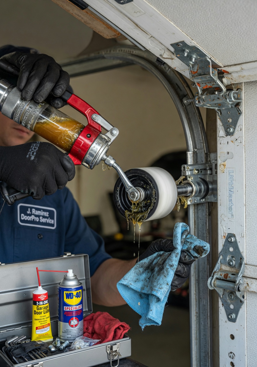 Technician lubricating garage door rollers and hinges during maintenance visit, close-up detail of tools and components, professional service photography