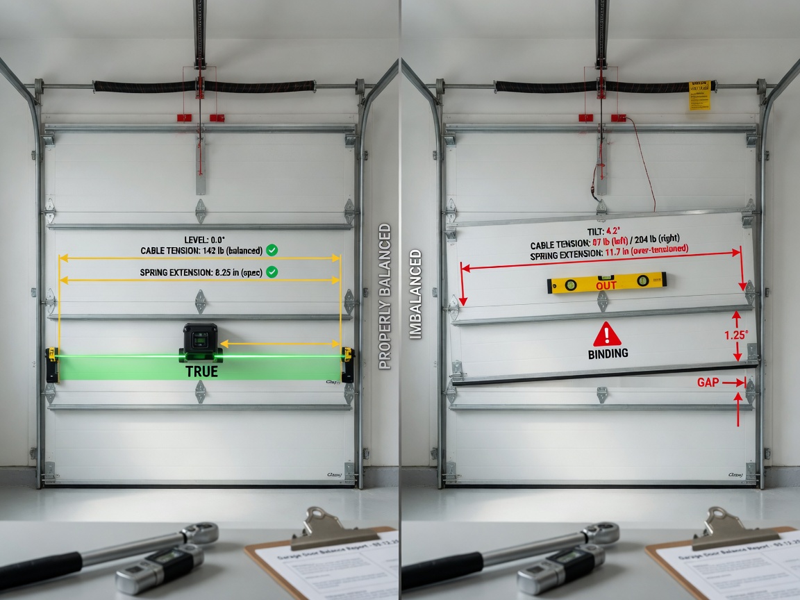 8K technical image showing the difference between properly balanced and imbalanced garage doors, side-by-side comparison with measurement indicators