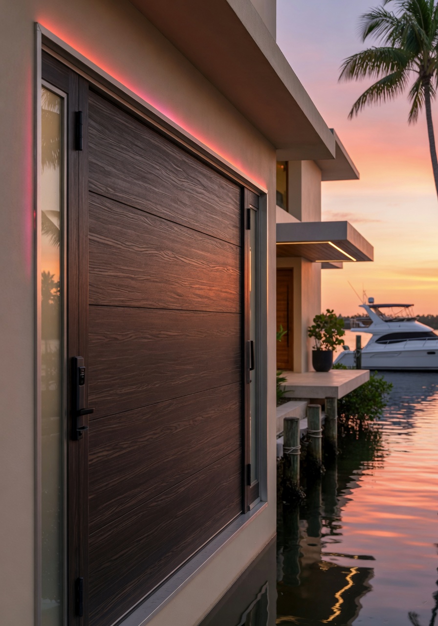 High-end contemporary dark wood-grain garage door on a modern Southwest Florida waterfront home, sunset lighting reflecting on water, architectural photography