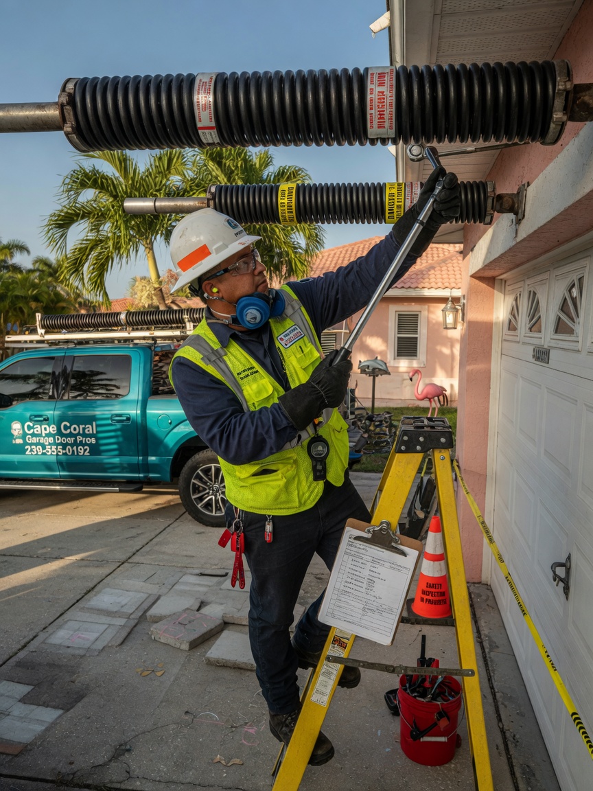 Ultra-realistic 8K photo of a technician performing a safety inspection on garage door springs while wearing proper PPE in a Cape Coral driveway