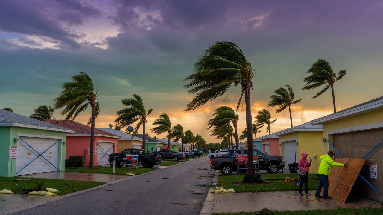 Wide-angle 8K photograph of a Cape Coral street during hurricane preparation, multiple homes with closed reinforced garage doors, palm trees swaying in wind