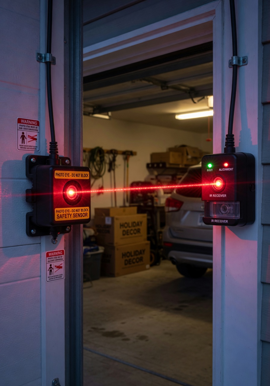 Safety features demonstration: modern garage door photo-eye sensors with red laser beams visible, dark garage interior, technical and educational style