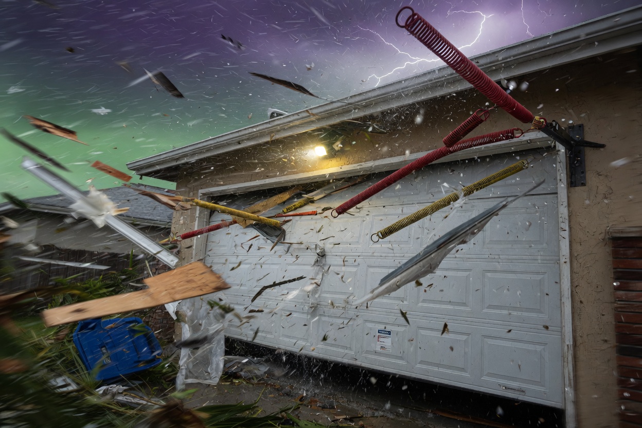 Dramatic 8K image of hurricane force winds testing a residential garage door with reinforced springs, flying debris, intense weather conditions