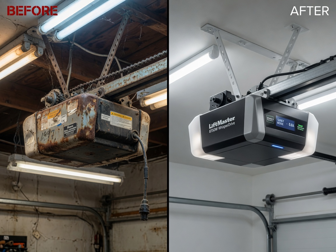 Professional 8K image of before and after split view showing a rusty noisy garage door opener versus a newly installed modern quiet unit, side by side comparison