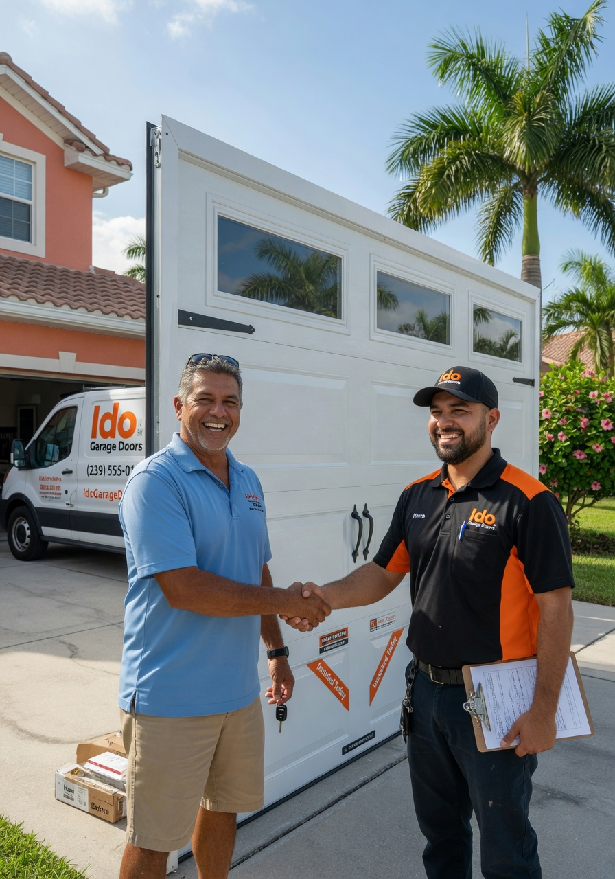 Happy Southwest Florida homeowner shaking hands with Ido Garage Doors technician in front of newly installed garage door, both smiling, realistic customer service moment
