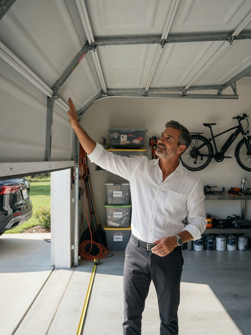 8K lifestyle image of a homeowner checking their garage door balance by hand, showing correct 3-foot hold position, natural lighting