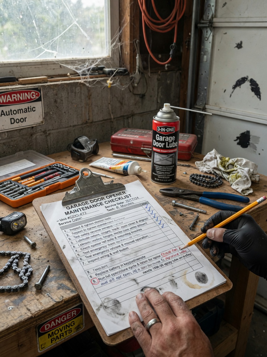 Ultra-realistic 8K photo of a garage door opener maintenance checklist on a clipboard with tools, lubricant, and technician's hands, natural garage lighting