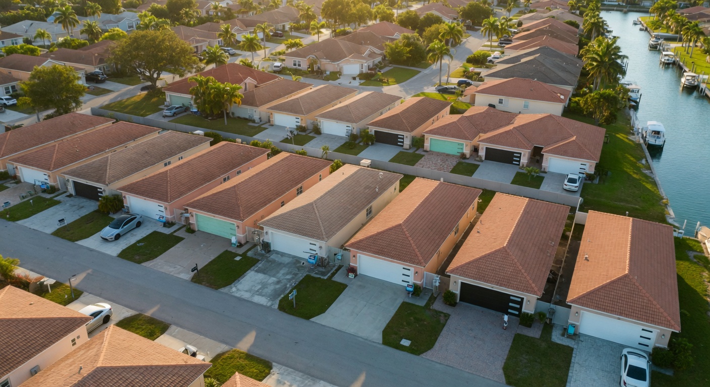 Aerial drone view of a Cape Coral, Florida residential neighborhood showing many homes with updated garage doors versus older ones, sunny day, real estate photography style