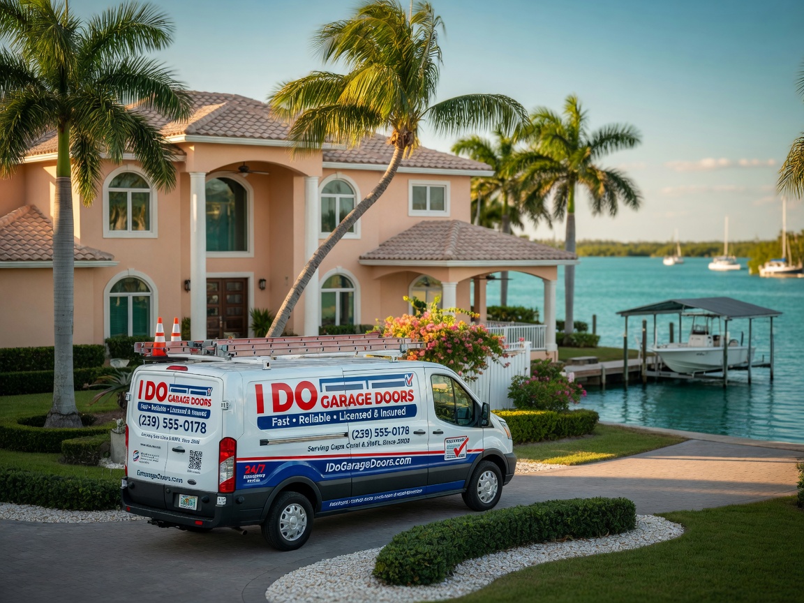 Professional 8K photograph of a branded I Do Garage Doors service van parked in front of a beautiful Cape Coral waterfront home with palm trees