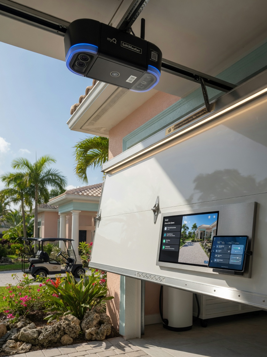 Inspiring 8K image of a newly upgraded smart garage door system in a beautiful Cape Coral home, showing integration with home automation, premium feel, bright daytime lighting