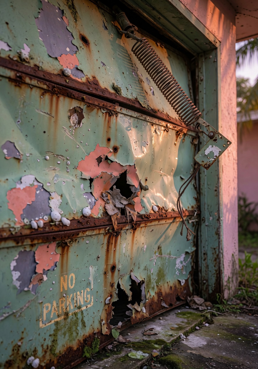 Close-up ultra-realistic 8K image of a rusty, damaged old garage door with peeling paint, dents, and broken springs in humid Southwest Florida environment, dramatic lighting, texture detail