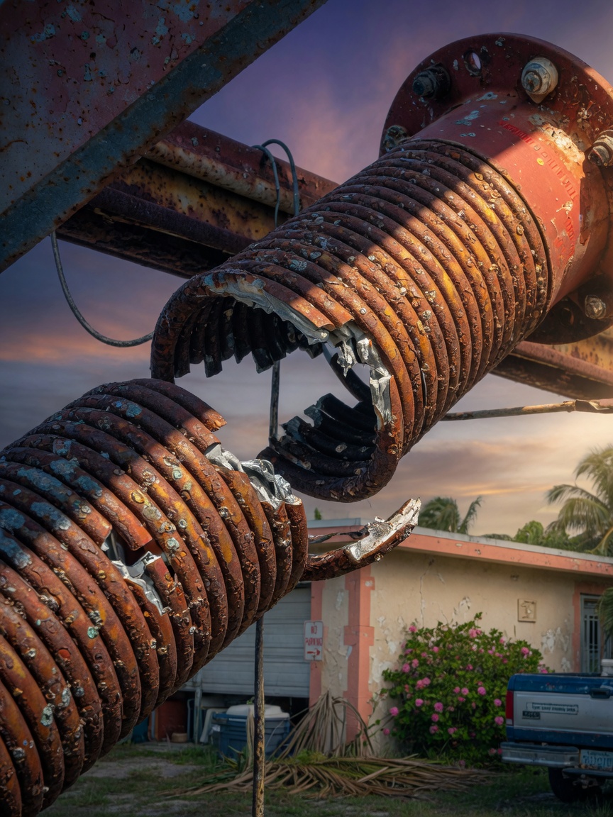 Close-up 8K image of a broken rusty garage door torsion spring with visible gaps in coils, dramatic lighting, salt air corrosion details, Cape Coral suburban setting