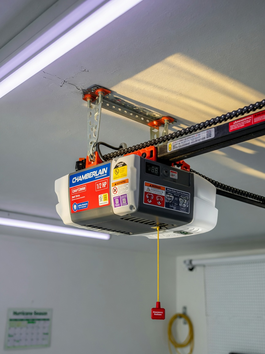 Close-up ultra-realistic 8K image of a garage door opener motor unit mounted on ceiling inside a clean Florida garage, showing brand labels, chain drive, and safety features, professional lighting