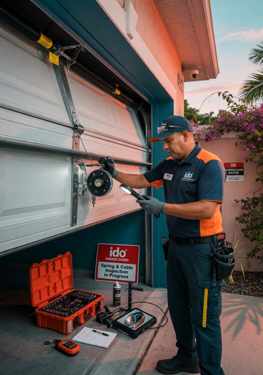 Professional technician from Ido Garage Doors performing a detailed inspection on a garage door system in Fort Myers home, wearing uniform, tools visible, realistic photography