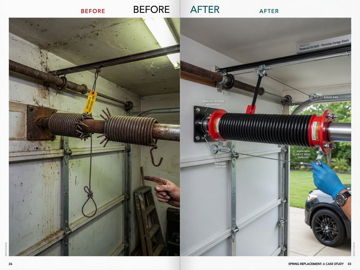 Professional 8K photograph showing before and after comparison of garage door spring replacement, split image with old damaged spring on left and new installed spring on right