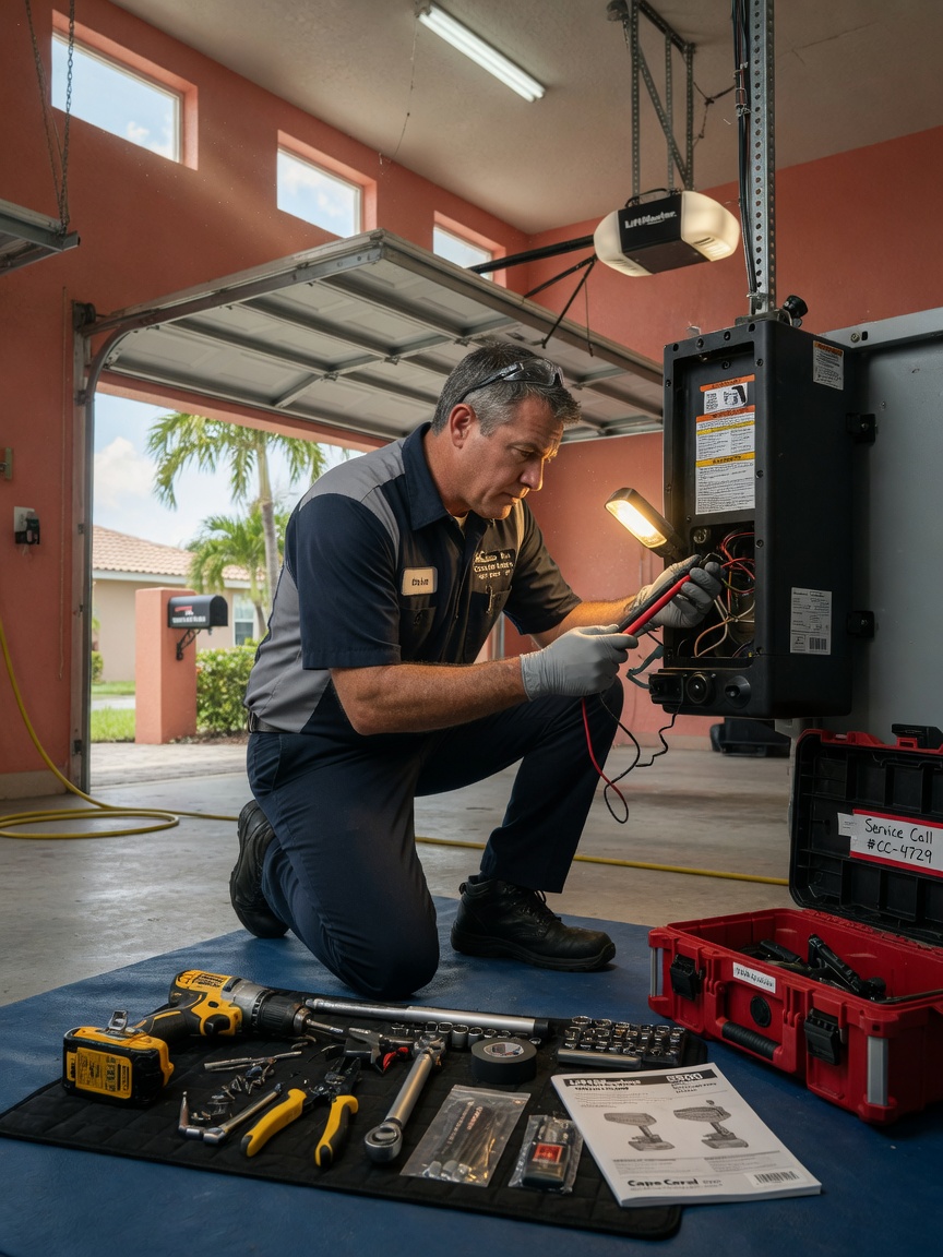 Photorealistic 8K image of a technician in uniform repairing a garage door opener in a Cape Coral garage, tools laid out professionally, focused expression, natural lighting