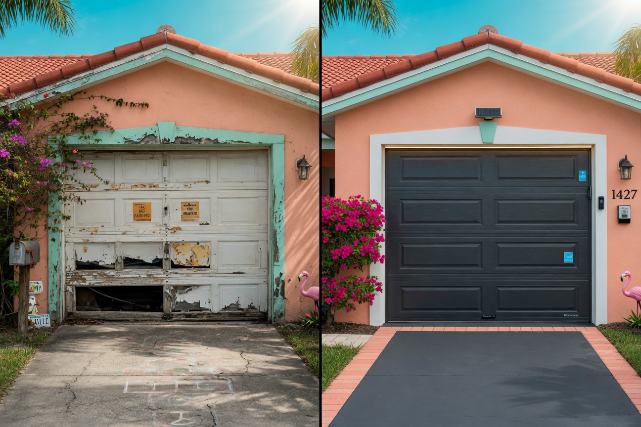 Split-screen ultra-realistic comparison: Left side shows old worn-out garage door, right side shows sleek new energy-efficient garage door on the same house, Southwest Florida style home