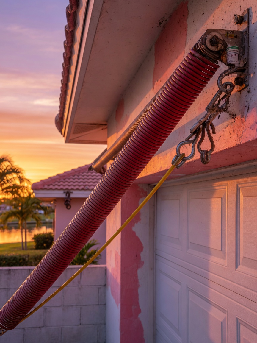 Ultra-realistic 8K image of extension springs with safety cables on a residential garage door in Cape Coral during golden hour sunset, vibrant colors, sharp detail