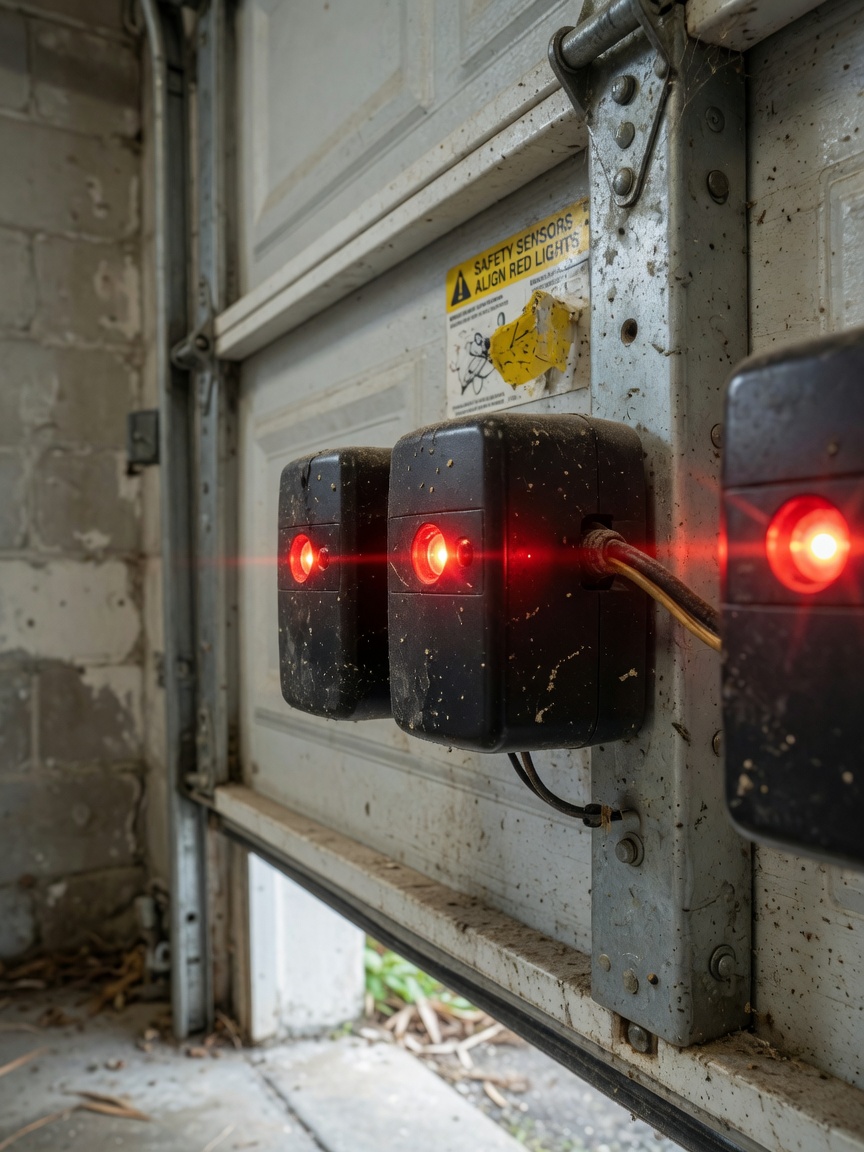 Ultra-detailed 8K photo of safety sensors on a garage door track with red alignment lights, slightly dusty from Florida humidity, realistic textures and shadows