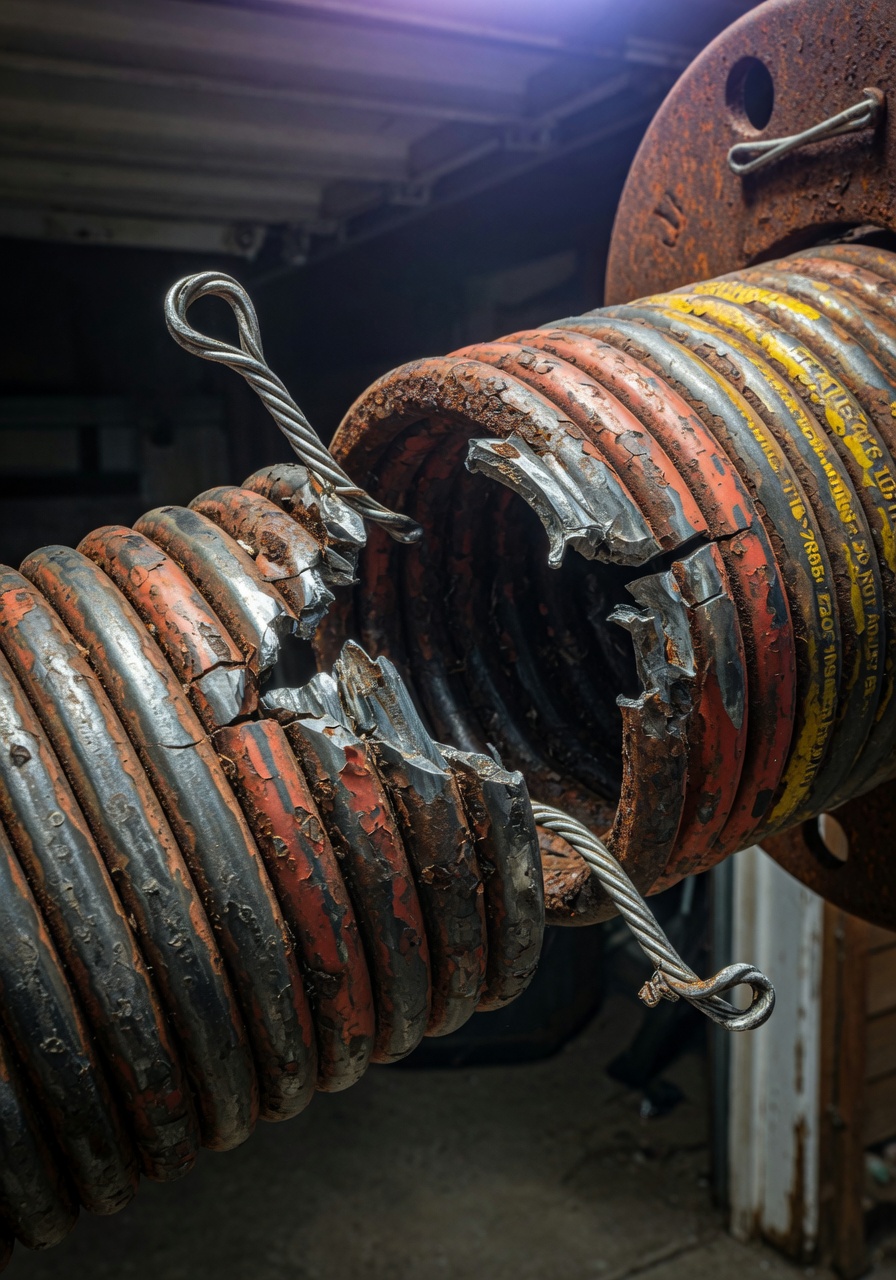 Detailed 8K close-up of broken garage door torsion spring with visible damage and rust, dramatic lighting highlighting metal fatigue, technical photography style