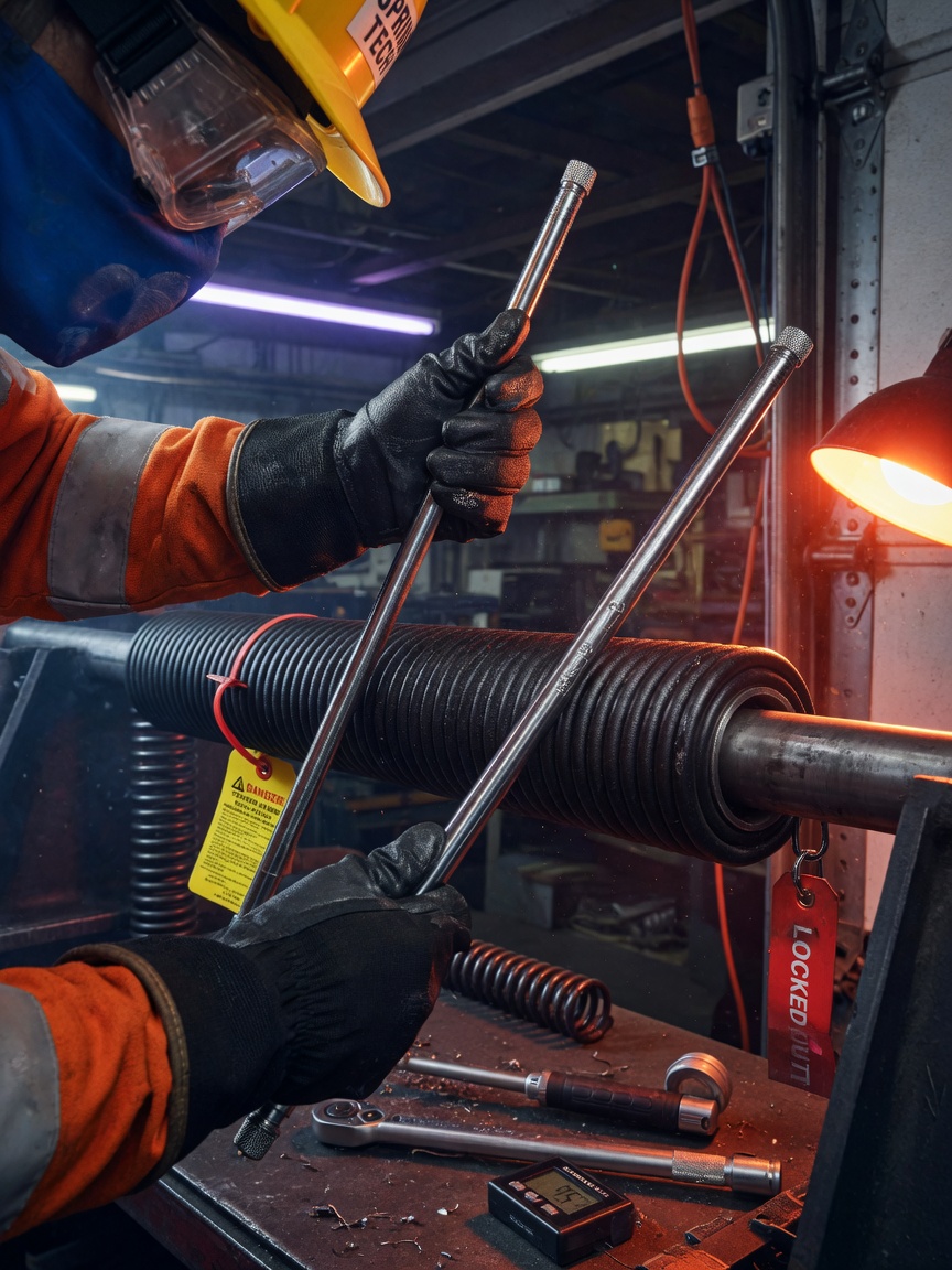 Detailed 8K macro photo of a technician using winding bars to safely install a torsion spring, focus on hands, tools, and safety equipment, workshop lighting