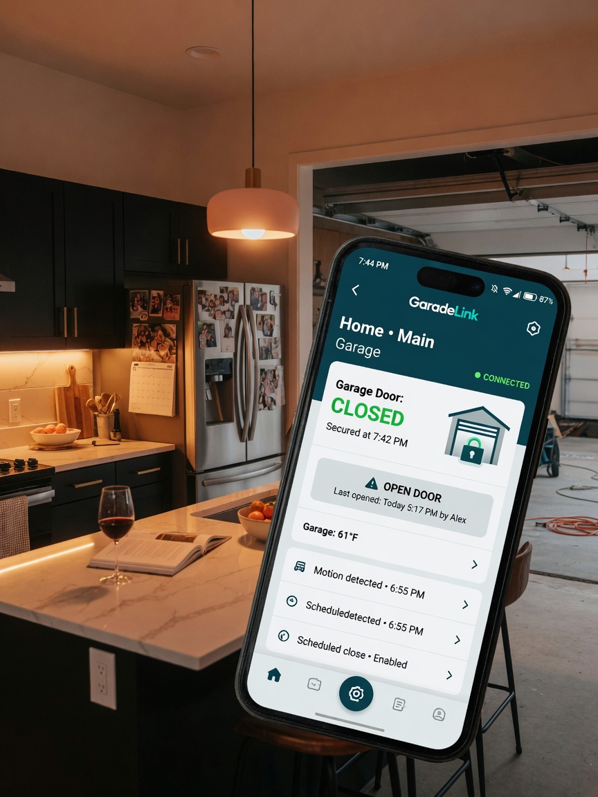 Cinematic 8K image showing a smartphone with a smart garage door app open displaying door status, modern kitchen background visible, warm evening lighting