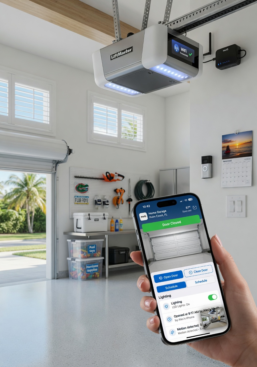 Modern smart garage door opener system with smartphone app interface displayed, clean contemporary garage interior in a Florida home, bright lighting, photorealistic