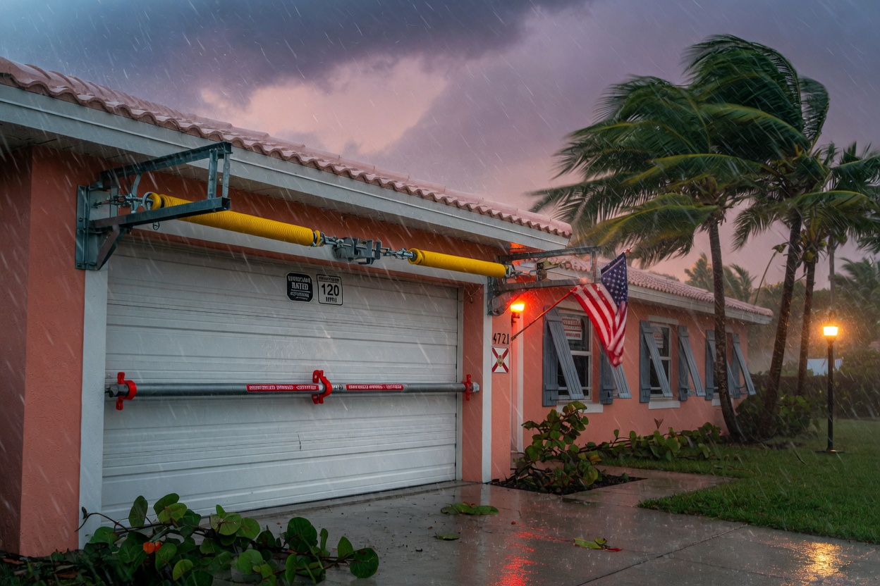8K cinematic image of a Cape Coral home with hurricane shutters during a tropical storm, emphasis on reinforced garage door with upgraded springs